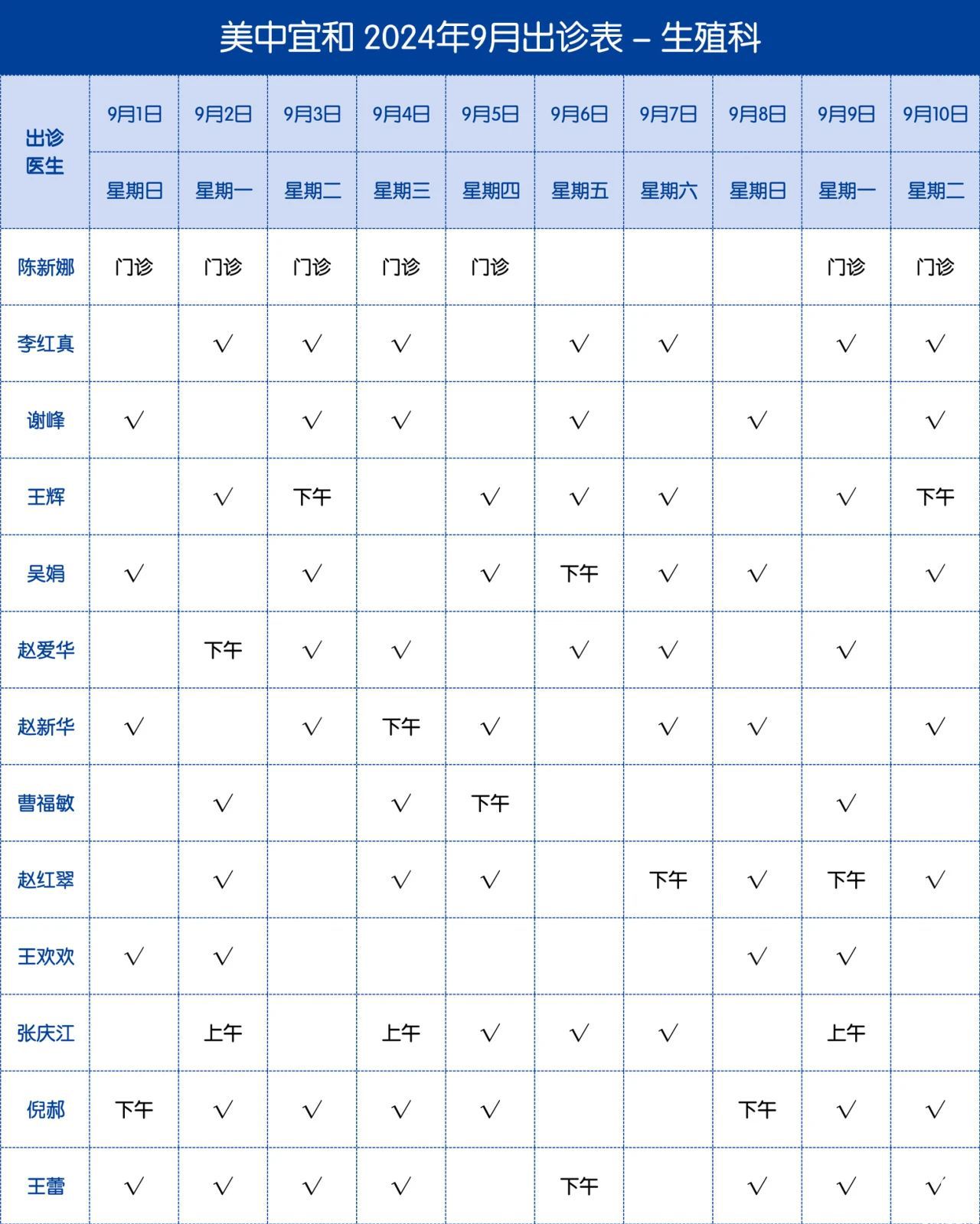 美中宜和生殖中心2024年9月医生出诊表