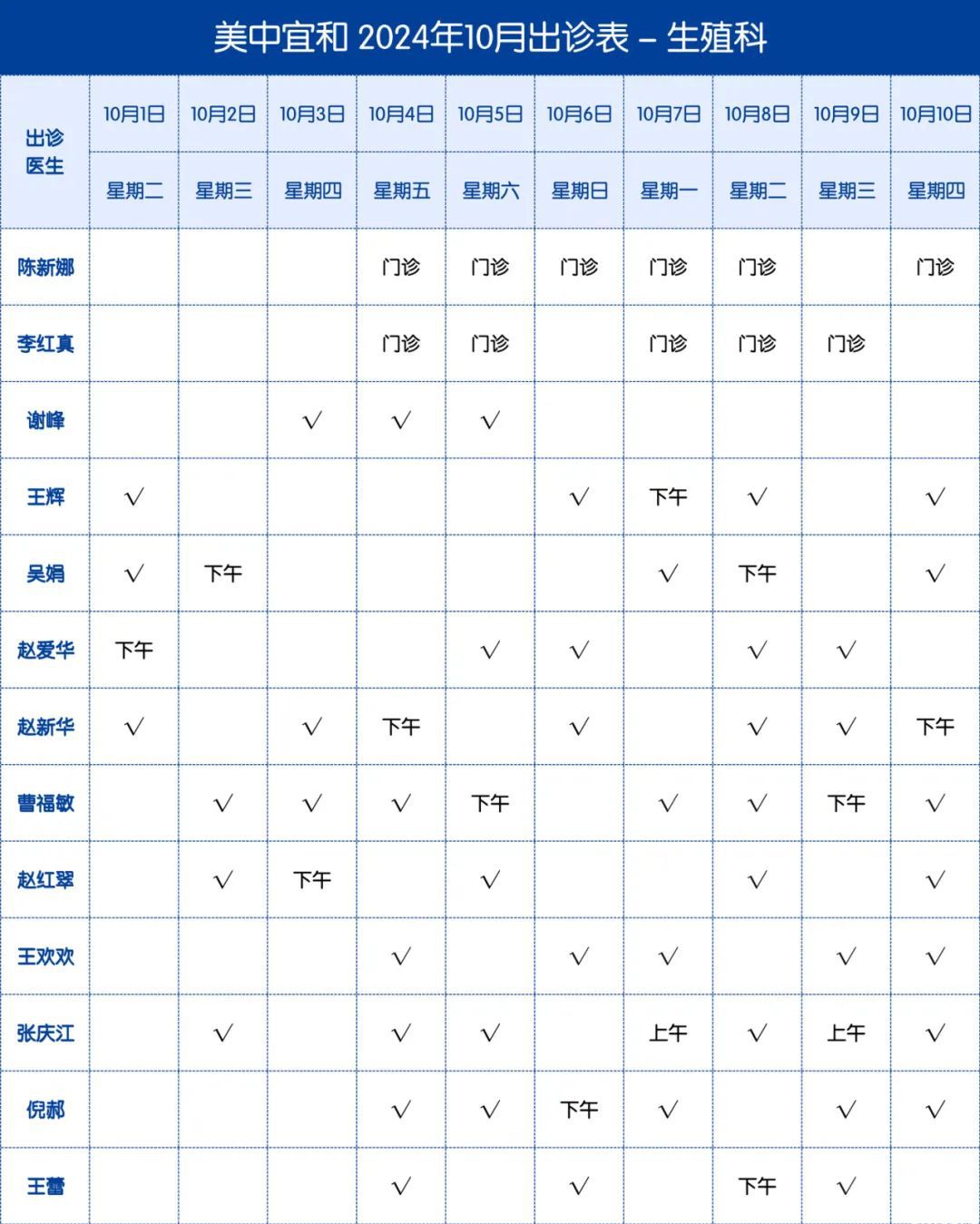 美中宜和生殖中心2024年10月出诊表