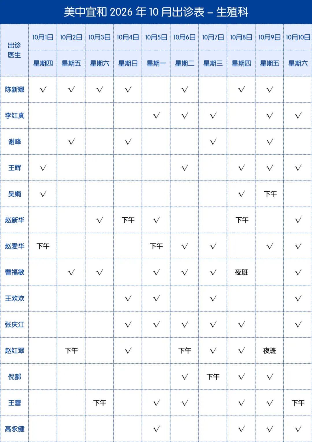 美中宜和生殖中心2026年10月医生出诊表